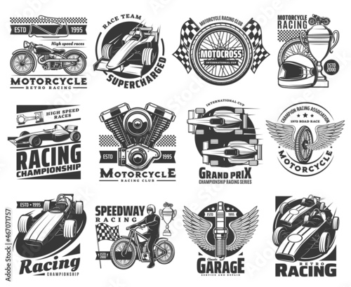 Motorcycle racing icons, car sport races and club emblems, vector. Motors championship and speedway or rally racing and custom garage signs with engine, wheel on wings and Gran Prix victory cup