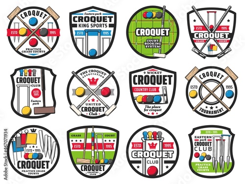 Croquet sport championship and sport club vector icons. Croquet game equipment playing ball and sticks or bats, goal pegs, flag and wicket, croquet club tournament and league championship game emblems
