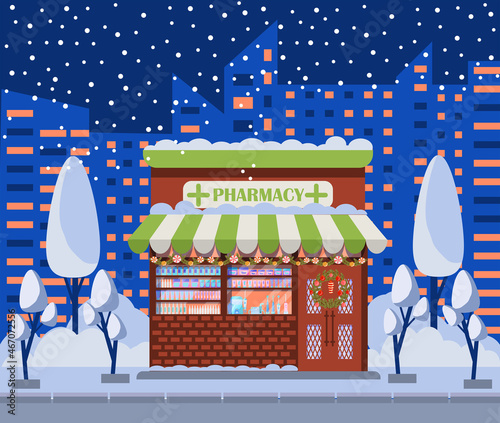 Christmas decorated and illuminated pharmacy store. Cozy facade of a brick building with an entrance, a canopy, a door, a shop window, on a winter city street. cartoon vector illustration