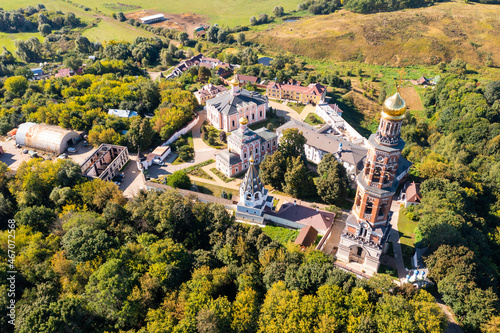 Drone view of the ancient St. John the Theologian Monastery on a warm September day, located in the Ryazan region in the ..village of Poshupovo, Russia