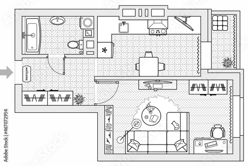 Planning of the apartment with arrangement furniture. Architectural drawing of the house (top view). Interior design floor plan from above. Vector layout