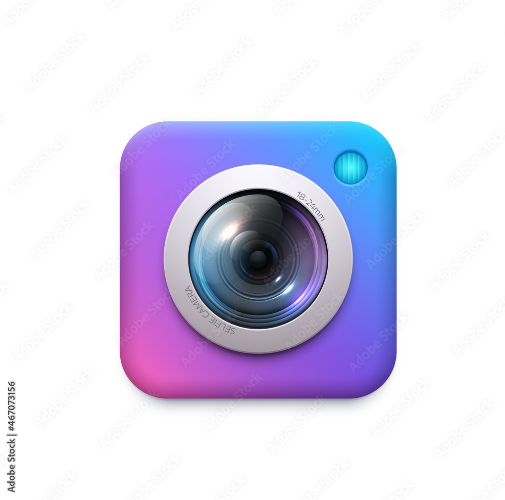 Photo and video camera icon of web and mobile app button. Digital camera lens with flash 3d square vector symbol of ui or gui widget and multimedia application service element Photo and video camera icon of web and mobile app button. Digital camera lens with flash 3d square vector symbol of ui or gui widget and multimedia application service element