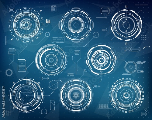 HUD futuristic circular interface panels. Sci Fi, web technology and visual data vector graphs set. Game GUI elements collection, app or computer program UI futuristic panels or target aim sight