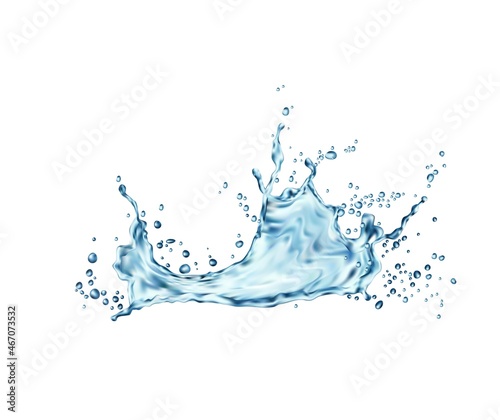 Transparent blue water wave splash with drops. Falling blue aqua, pure liquid or realistic vector fresh water frozen motion splash with droplets and bubbles, clean water spray