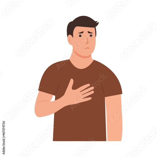 Chest discomfort.A man  holds  hand to his chest. Pain in the lungs, heart. Vector illustration
