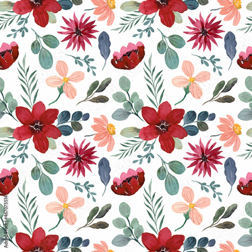 Seamless pattern of pink flower with watercolor