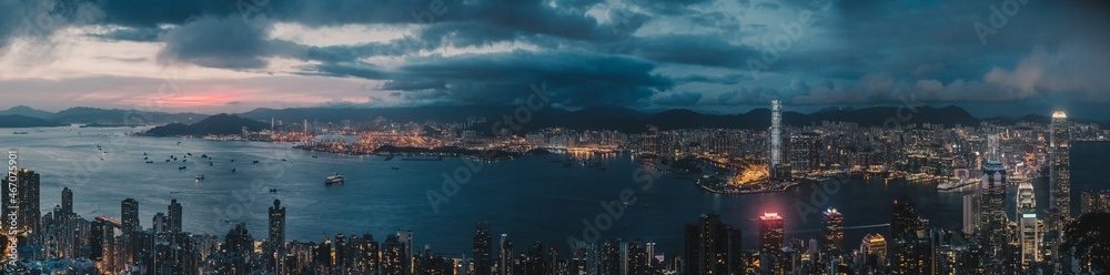 Panoramic top view of Hong Kong sunset from peak