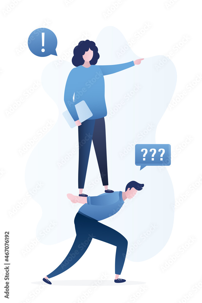 Corporate slavery. Male employee carries woman boss on back, isolated on white background. Exploitation of office worker. Wife leads and controls husband. Manager obeys boss. Discrimination. Corporate slavery. Male employee carries woman boss on back, isolated on white background. Exploitation of office worker. Wife leads and controls husband. Manager obeys boss. Discrimination.