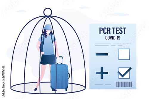 Positive PCR test before trip. Woman tourist is closed in cage. Travel ban due to the spread of coronavirus. Covid-19 prevention. Passenger cannot cross border. 14 days quarantine.