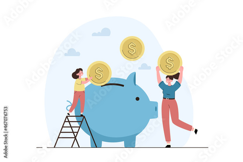 Happy woman and child putting money into piggybank. Financial lliteracy training, saving and collecting money. Investment growth, increase wealth. Modern flat vector illustration