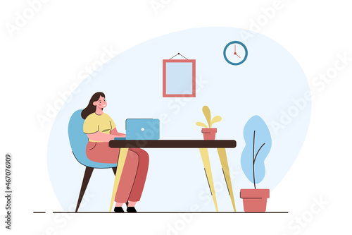 Woman working at home office. Freelance, self employed or studying concept. Modern flat vector illustration
