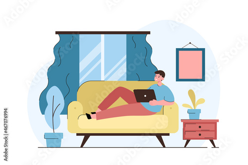 Man lying on the couch working from home in modern interior. Freelance, self employed or studying concept. Flat vector illustration