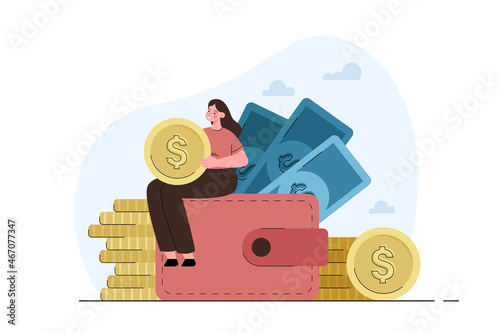 Tiny woman sitting on big wallet holding coin. Saving and collecting money. Investment growth, rich and wealth concept. Modern flat vector illustration