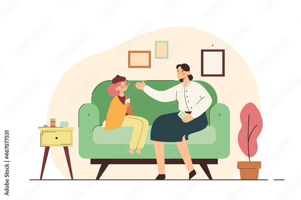 Woman giving medicine to a sick child with thermometer in mouth. Fever, illness, medication, high body temperature. Healthcare and isolation concept. Modern flat vector illustration Woman giving medicine to a sick child with thermometer in mouth. Fever, illness, medication, high body temperature. Healthcare and isolation concept. Modern flat vector illustration