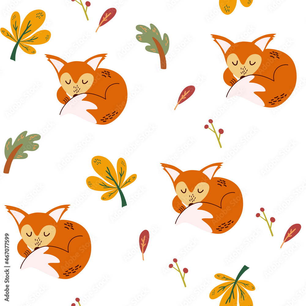 Sleeping fox seamless pattern. Autumn leaves. Awesome forest background in bright colors. Perfect for textile, wallpaper or print design. Hand Draw Vector illustration.