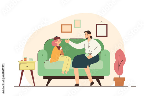 Woman giving medicine to a sick child with thermometer in mouth. Fever, illness, medication, high body temperature. Healthcare and isolation concept. Modern flat vector illustration