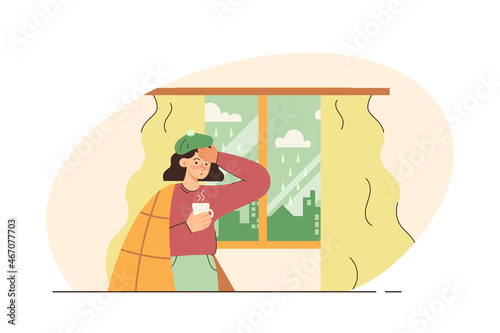 Sick woman with flu looking at window with hot drink in hand. Fever, illness, medication. Healthcare and isolation concept. Modern flat vector illustration