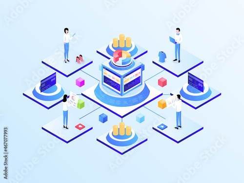 E-Commerce Integrated Accounting Isometric Illustration Light Gradient. Suitable for Mobile App, Website, Banner, Diagrams, Infographics, and Other Graphic Assets.