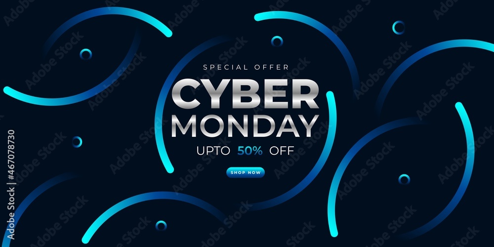 Cyber ​​Monday sale banner template design with blue light effect on dark background for advertising poster or business promotion