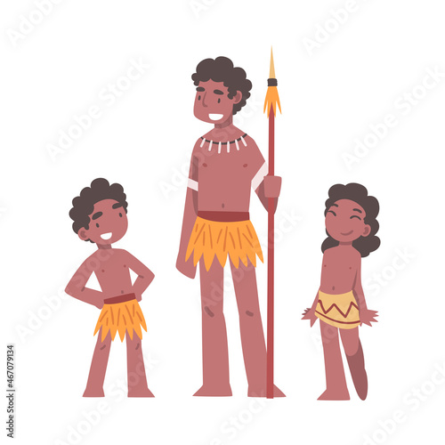 African Aboriginal Man Father with His Kids Dressed in Traditional Tribal Clothing Standing with Spear Vector Illustration