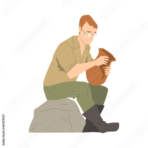 Man Archaeologist Sitting on Rock with Ancient Amphora Working on Excavations in Search of Archaeological Remains Vector Illustration