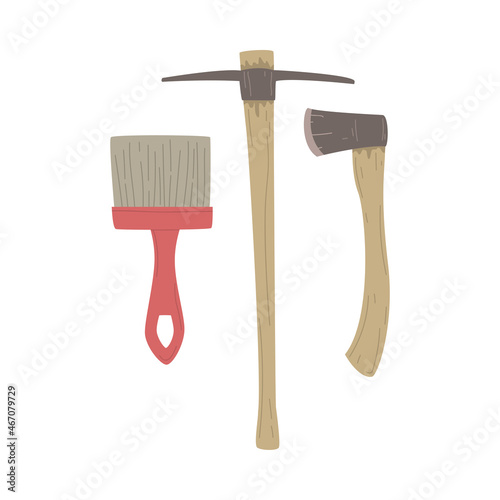 Brush and Pickaxe as Tools for Archeology and Paleontology Excavation in Search of Ancient Artifact and Remain Vector Illustration photo