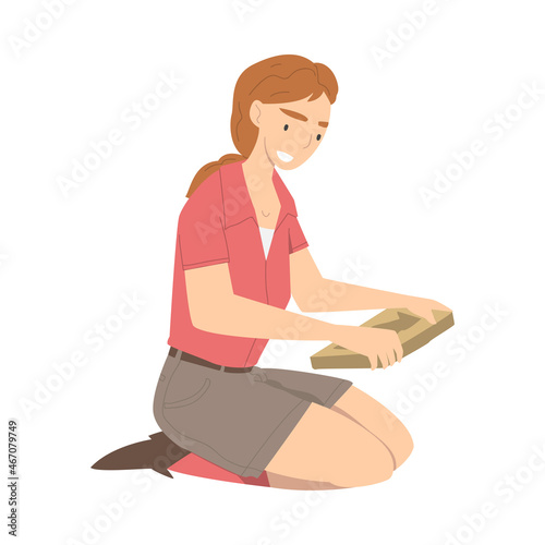 Woman Archaeologist Sitting with Ancient Ecofact Working on Excavations in Search of Archaeological Remains Vector Illustration