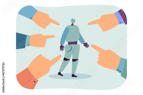 Humanoid robot surrounded by hands pointing fingers. People blaming artificial intelligence flat vector illustration. Fear of modern technologies concept for banner, website design or landing web page
