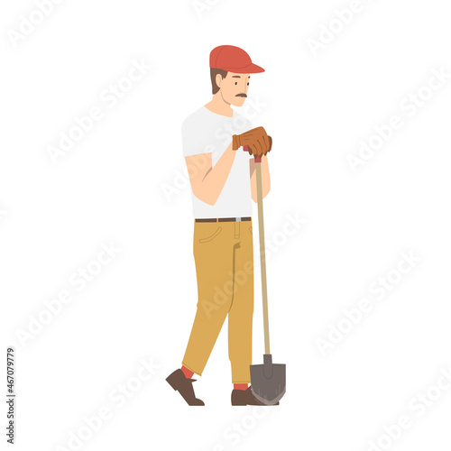 Moustached Man Archaeologist with Shovel Working on Excavations in Search of Archaeological Remains Vector Illustration