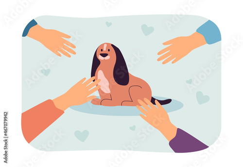 Hands from different sides reaching out for dog in center. People adopting pet from animal shelter flat vector illustration. Pet care, adoption concept for banner, website design or landing web page