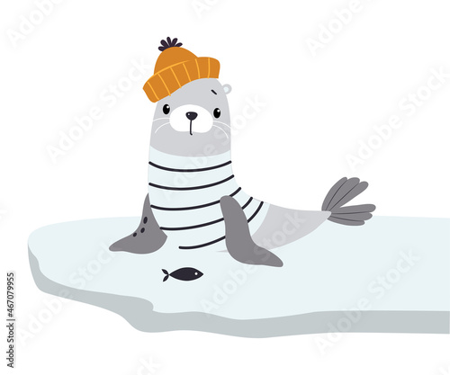 Cute Fur Seal as Arctic Animal in Knitted Hat Sitting on Glacier Vector Illustration