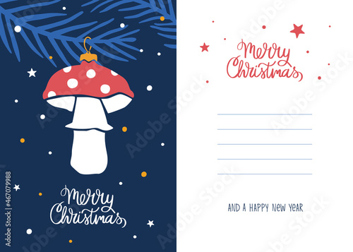 Cute and cozy Christmas greeting card or poster with glassy mushroom on a twig and "Merry Christmas" lettering. Including the back side template. Vector flat hand drawn illustration in cartoon style