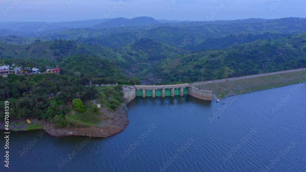 Taveras Dam And The Idyllic Nature Landscape In Dominican Republic - aerial drone shot Taveras Dam And The Idyllic Nature Landscape In Dominican Republic - aerial drone shot