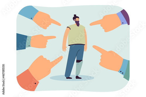 Hands with index fingers pointing at man with artificial leg. Disabled persons life in society flat vector illustration. Disability people concept for banner, website design or landing web page