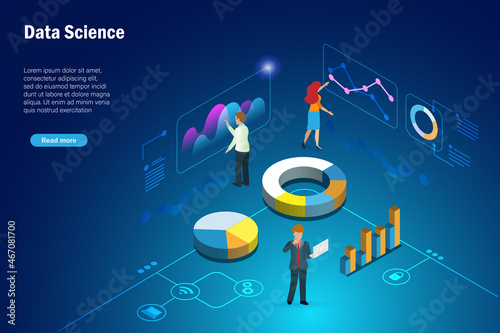 Business team analysing growth graph marketing charts on virtual digital screen. Global network connection technology and data storage for business concept. 3D isometric.