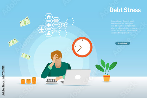 Debt management, debt stress. Frustrated businessman try to manage bills and expenses spending with fixed income. Money spending and cash control concept.