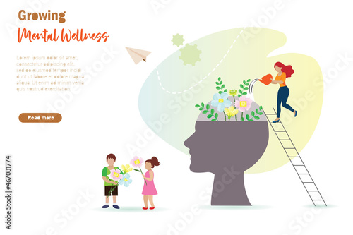 Growing mental wellness, mindfulness and positive thinking in family and kids. Mother growing flowers in human brain with happy boy and girl.