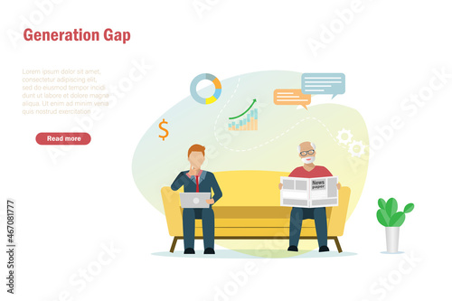 Generation gap, father and son lifestyle different in technology concept. Senior man reading newspaper, businessman son reading news on digital tablet.