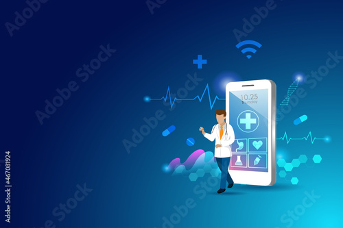Virtual doctor, online hospital, online consultation. Doctor on smartphone screen diagnosis and give suggestion to patient health problem. Medical and healthcare technology concept.