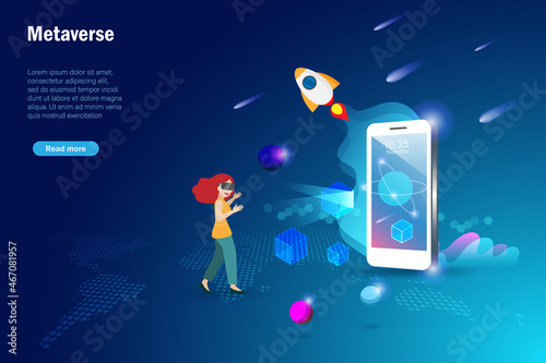 Metaverse, virtual reality technology, user interface 3D experience with smartphone and digital devices. woman using vr headset online connecting to virtual space and universe on smart phone.