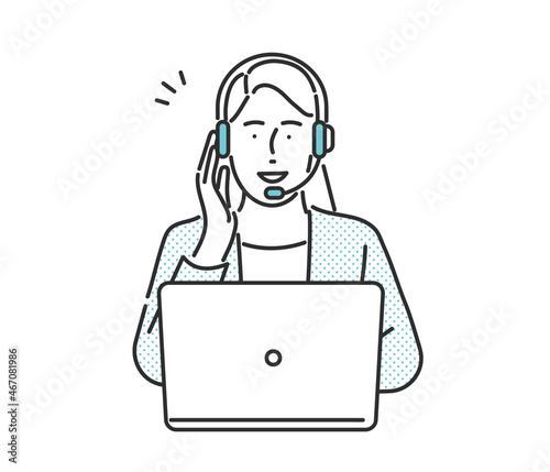 インカムでお客様の対応をするコールセンターのオペレーターの女性のイメージイラスト素材