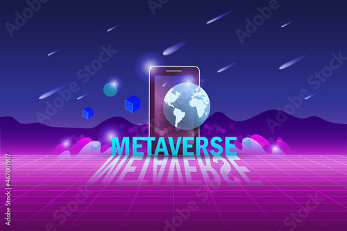 Metaverse, virtual reality and augmented reality technology, user interface 3D experience. Computer generated word metaverse on smart phone in virtual space and universe environment.