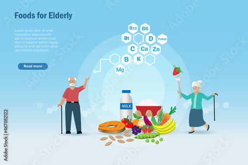 senior couple with proper nutrition foods for elderly. Healthy foods, fruits and products for cooking and eating. Daily nutrition, senior care concept.