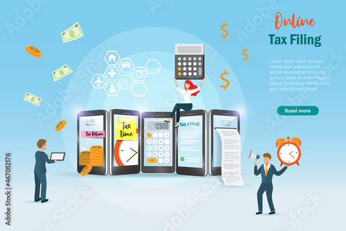 Online tax filing, income e tax and tax refund on smartphone screen. Business man and woman using financial app on smart phone online submit paperless tax filing. 3D vector.