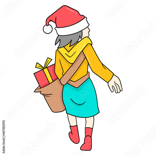 girl is walking shopping on christmas, doodle icon image kawaii