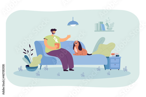 Man holding cup of coffee sitting on sofa with his dog. Spending time with domestic animal at home flat vector illustration. Pet care, leisure concept for banner, website design or landing web page