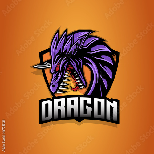 E sport emblem of dragon head with a blade on its head