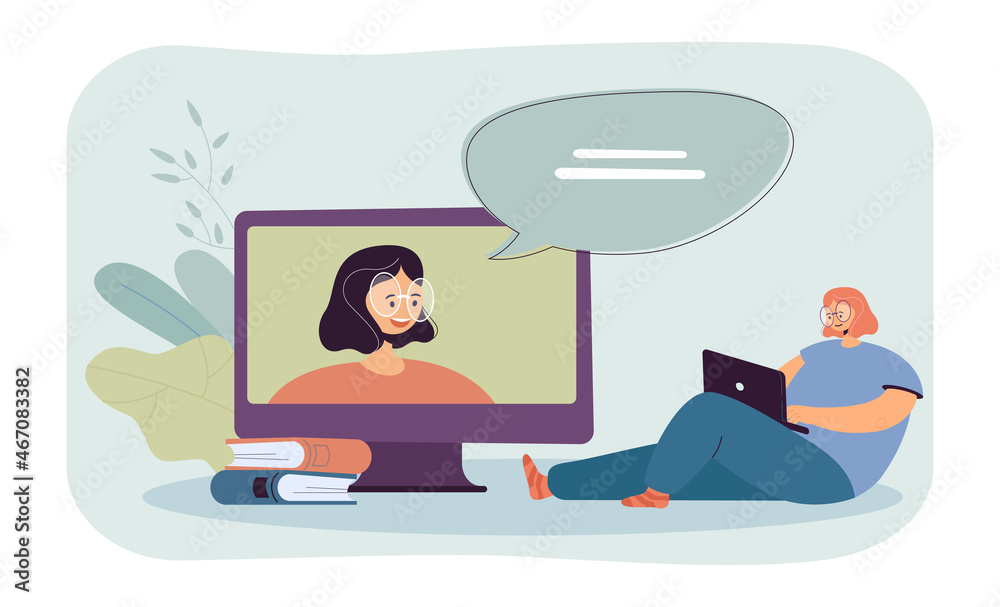 Student with laptop sitting near big screen with teacher on it. Girl learning at home using devices flat vector illustration. Distance learning concept for banner, website design or landing web page