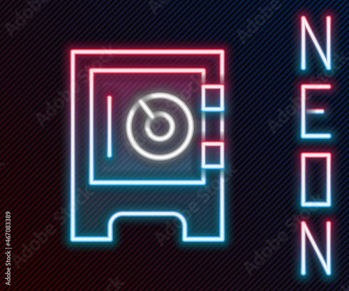 Glowing neon line Safe icon isolated on black background. The door safe a bank vault with a combination lock. Reliable Data Protection. Colorful outline concept. Vector