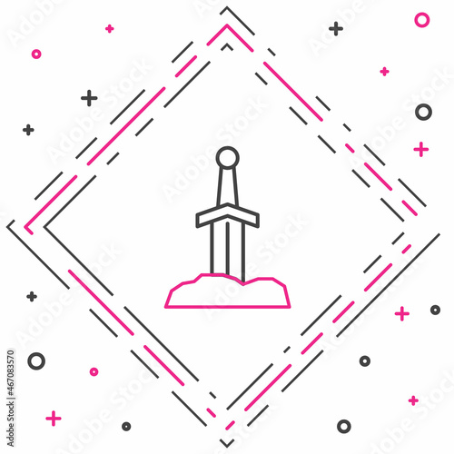 Line Sword in the stone icon isolated on white background. Excalibur the sword in the stone from the Arthurian legends. Colorful outline concept. Vector